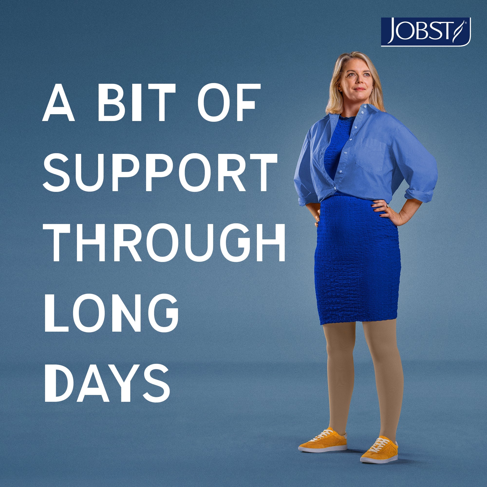 Woman in blue outfit with text 'A bit of support through long days' and JOBST logo on a blue background