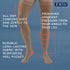 Compression stockings with text highlighting features on a blue background, featuring the Jobst brand.