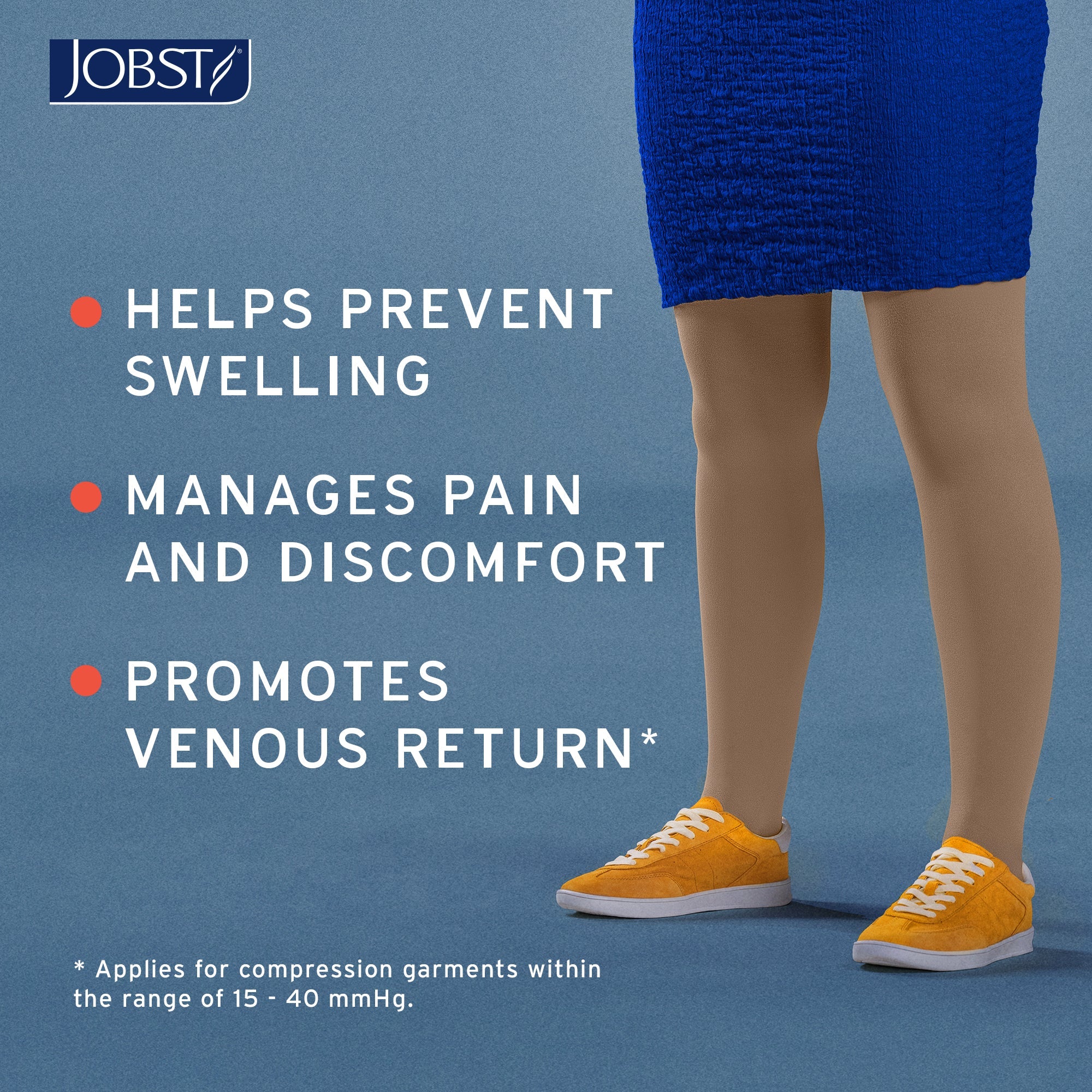 Person wearing blue compression stocking with text about JOBST products on a blue background