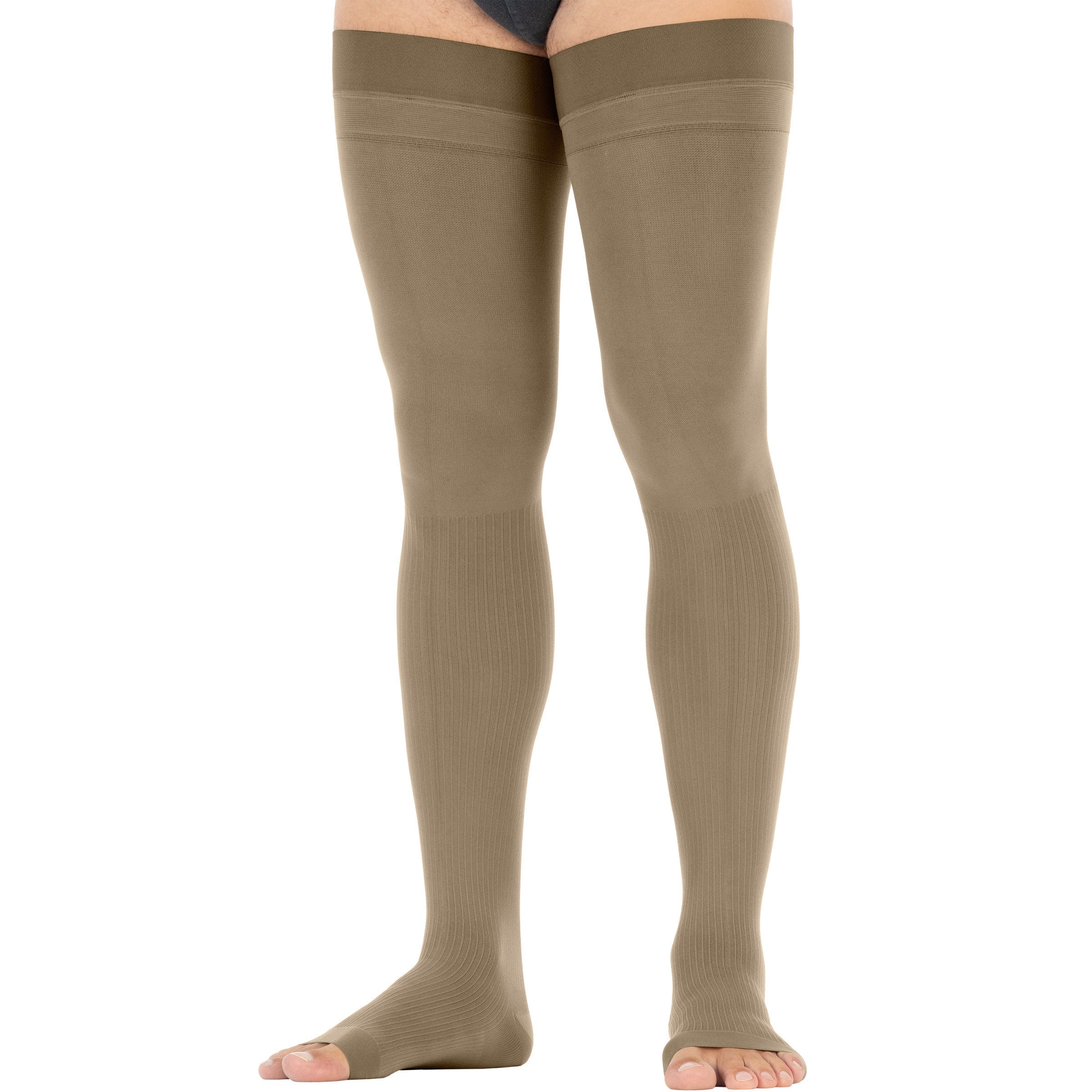 khaki thigh-high socks worn by a person on a white background