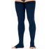Navy blue compression stockings worn by a person on a white background