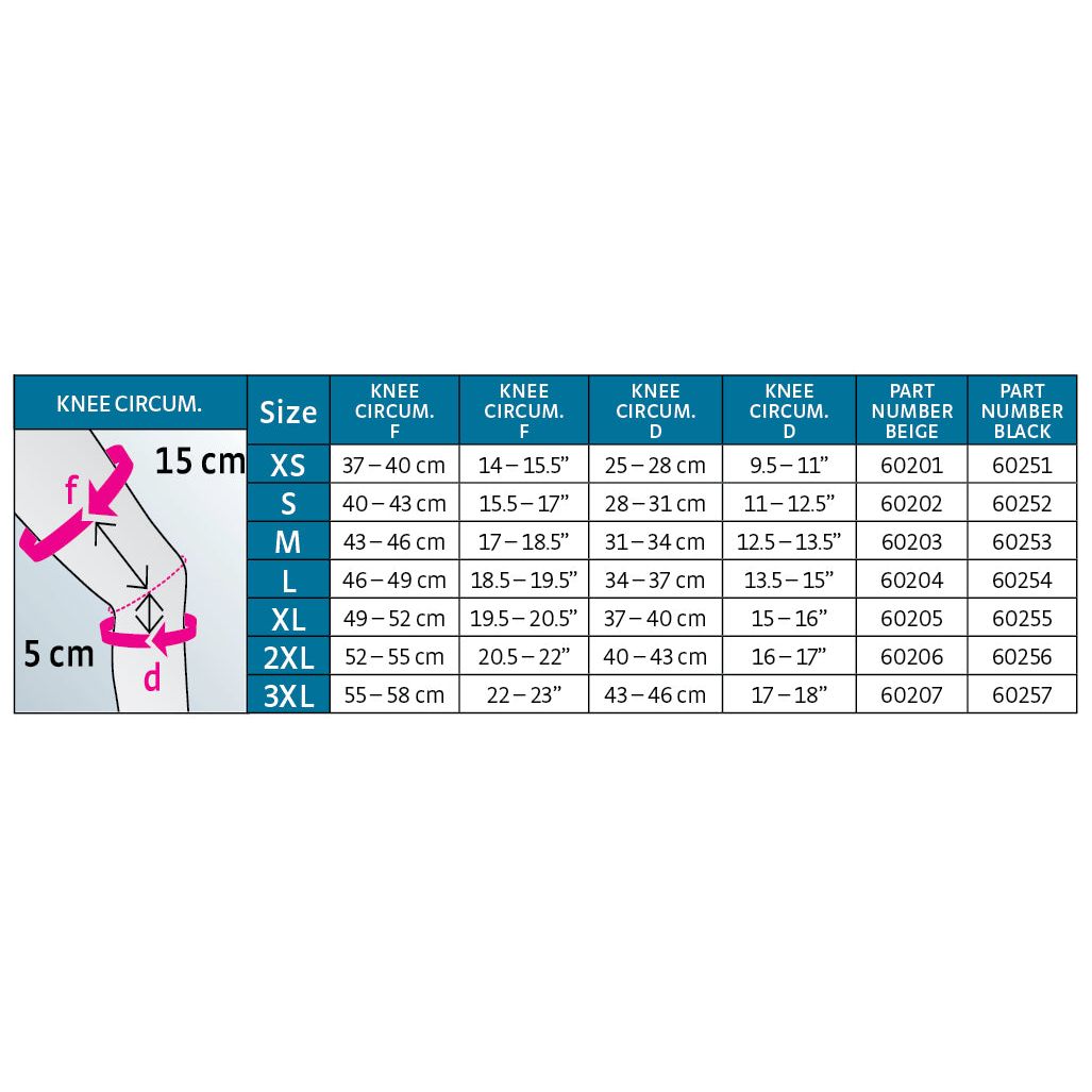 medi protect Seamless Knit Knee Support w/ Silicone Top Band, Size Chart