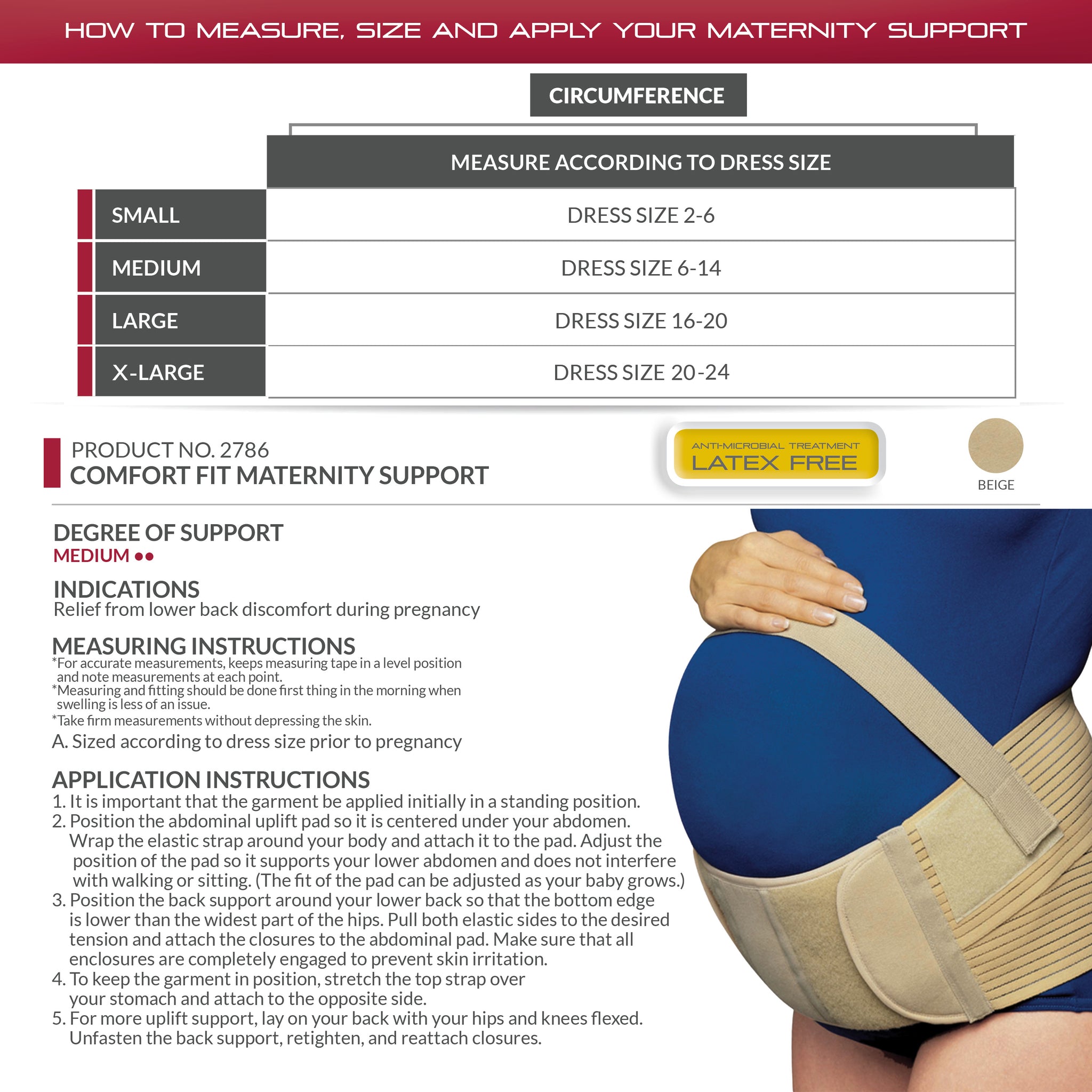 OTC Comfort Fit Maternity Support, Size Chart