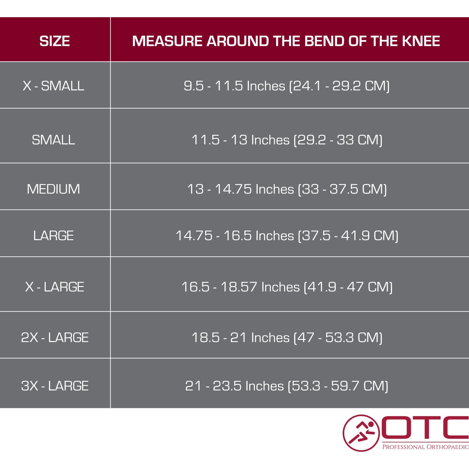 OTC Knee Support - Expansion Panel, Size Chart